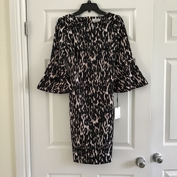 Calvin Klein black/white/light pink leopard print bell sleeve dress size 4 - Picture 1 of 6